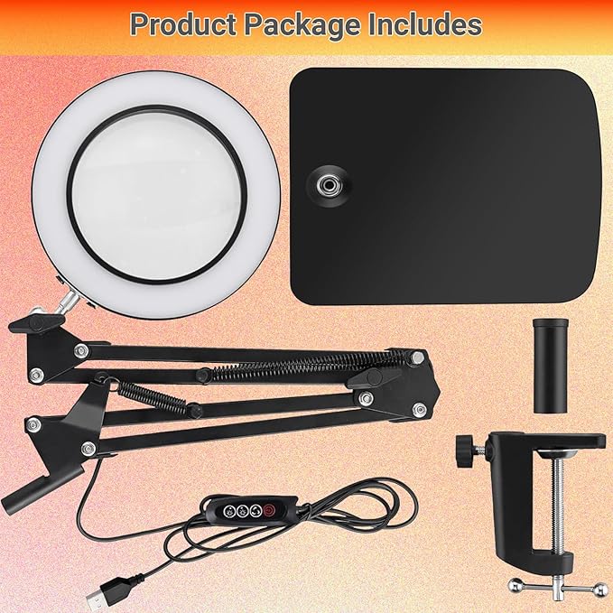 15X Magnifying Glass with Light – Real Glass Lens, 72 LEDs, 3 Color Modes Stepless Dimmable, Adjustable Swing Arm with Clamp and Base, Hands-Free Magnifier for Crafts, Reading, Repair, Close Work