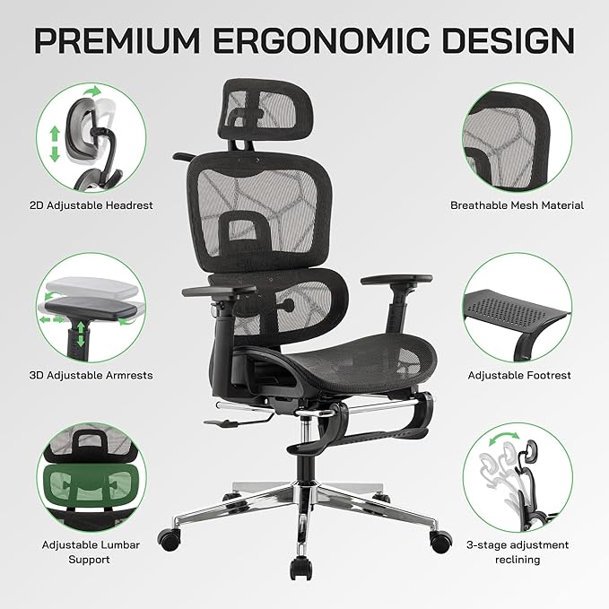 Mesh Ergonomic Office Chair with Footrest,High Back Mesh Gaming Chair with Lumbar Support,Adjustable Headrest and Armrests for Home Office Desk Chair