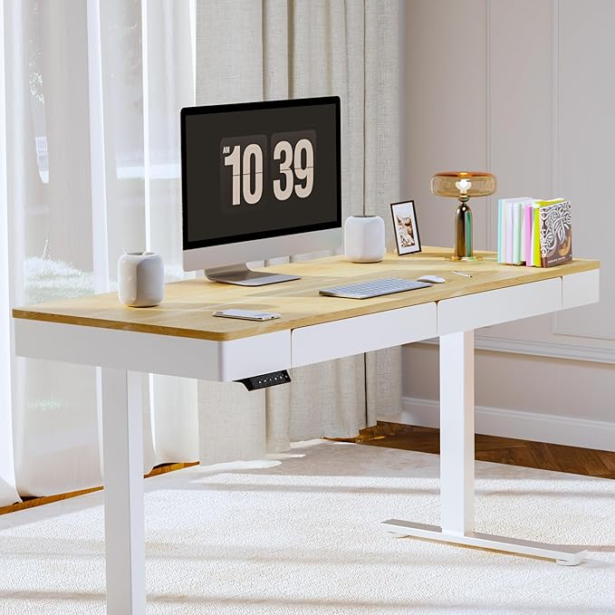 SANODESK Electric Standing Desk with 2 Drawers, 55 x 24 inch Height Adjustable Computer Desk, Home Office Stand Up Desk with 4 Preset Heights, Maple
