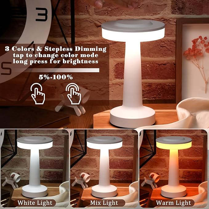 Riakrum Set of 2 LED Portable Cordless Table Lamp with Touch Sensor 3 Color Stepless Dimming Rechargeable Battery up to 15 Hours Cordless Table Light Wireless Lamp for Nursery(White,2 Pcs)