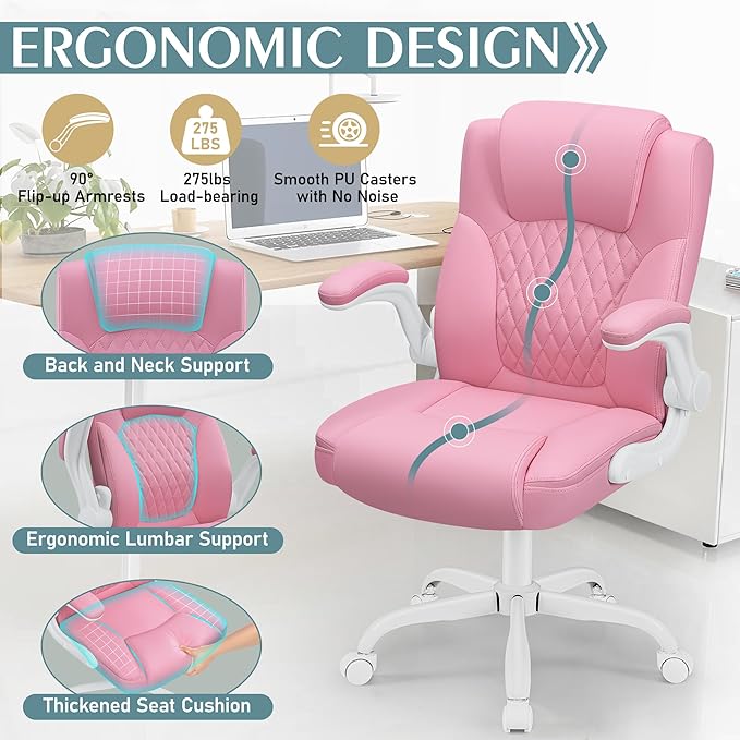 Leather Office Chair, PU Home Computer Desk Chairs with Ergonomic Back Support, 360° Swivel Free,Small Gmaing Chair with Wheels and Adjustable Armrests, for Short People Use, Pink