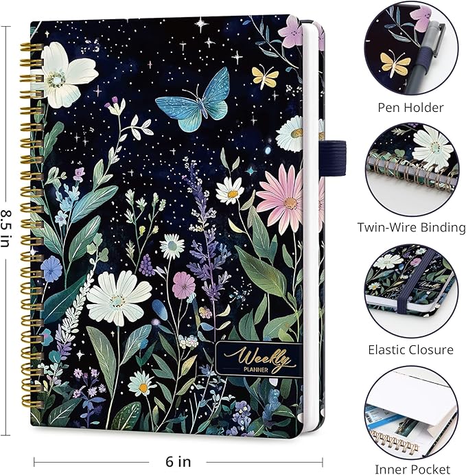 Undated Weekly Planner, Weekly To Do List Notebook with Goal & Habit Tracker Organizer, A5 Weekly Planner Notebook with Spiral Binding, 6.1" x 8.2" - Celestial Garden