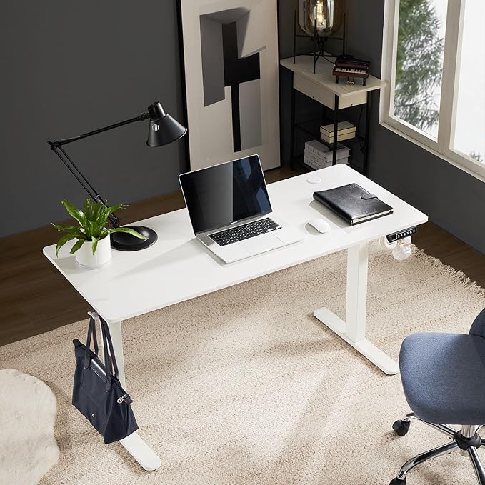 Sweetcrispy Electric Adjustable Height Standing Desk - 55 x 24 inch Sit to Stand Up Desk with Splice Board, Rising Home Office Computer Table with 2 Hook and Wire Hole for Work