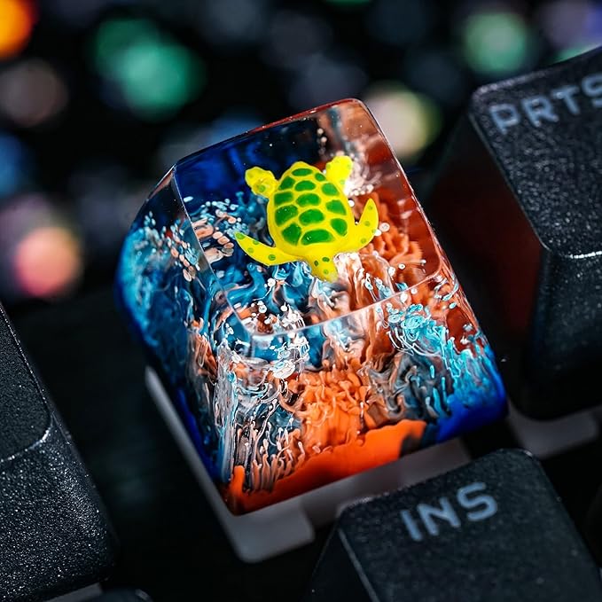 Sea Turtle Artisan Keycap Black and Red Coral Reef R1 SA Profile Custom Sea Creatures Keycaps 1U ESC Handmade Gaming Resin Key Cap Cherry MX Switch Compatible Mechanical Keyboard Turtle Lover Gift