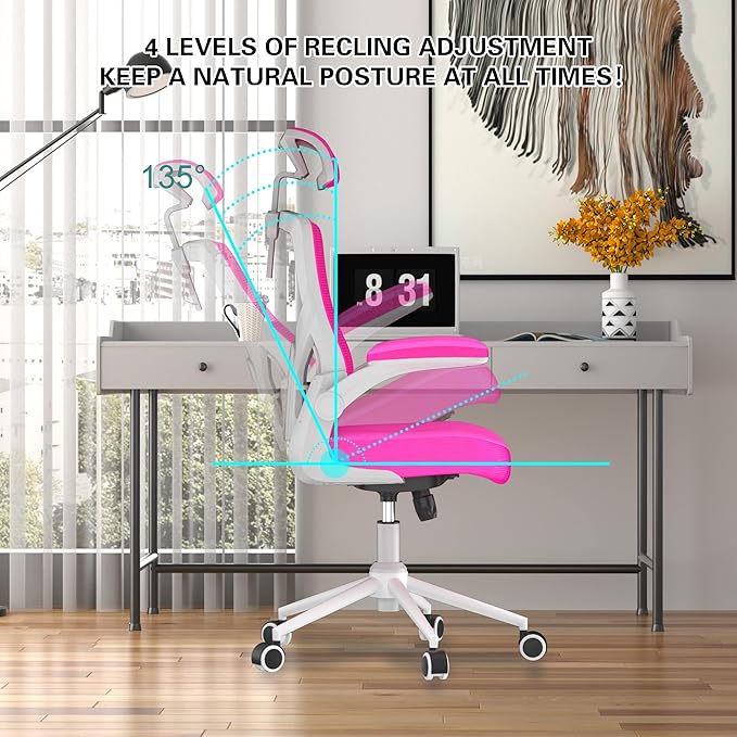 Ergonomic Office Chair with Adjustable Headrest & Lumbar Support - High Back Desk Chair with Flip-Up Arms, 360 Swivel Executive Computer Task Chair (Modern, Neon Pink)