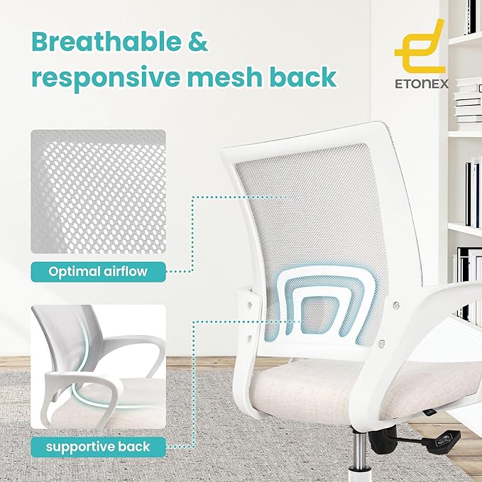 Office Chair with Ergonomic Mid Back Cushion Lumbar Support Adjustable Swivel Rolling Computer Gaming Desk Chair Comfy Mesh Seat Wheels Home Executive Use (1, Ivory)
