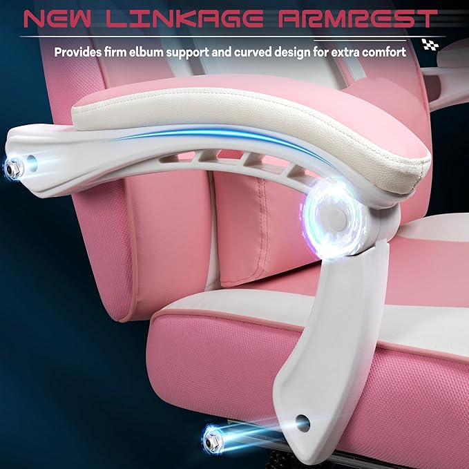 Meilocar Gaming Chair with Footrest, Video Game Chair for Adults Ergonomic Big and Tall Computer Chairs with Massage Lumbar Support 330lbs, 360° Swivel Seat (Pink)