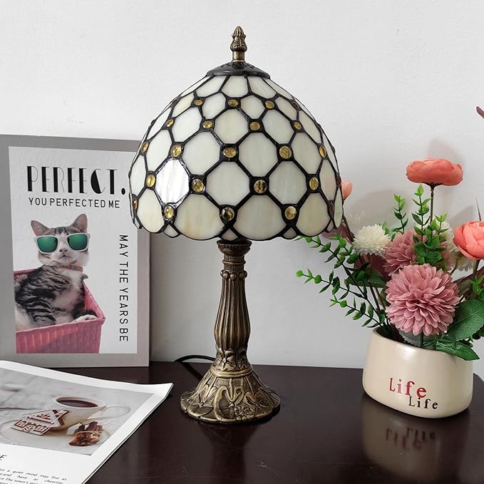 Small Tiffany Table Lamp 8 Inch Tiffany Style Desk Lamp Stained Glass Antique Light Bedroom Bedside Lamp Retro Reading Lamps (White Pearls Style)
