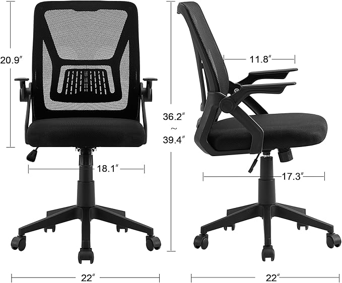 VECELO Mid-Back Swivel Ergonomic Office Chair with Adjustable Arms, Mesh Lumbar Support for Computer Task Work, Jet Black