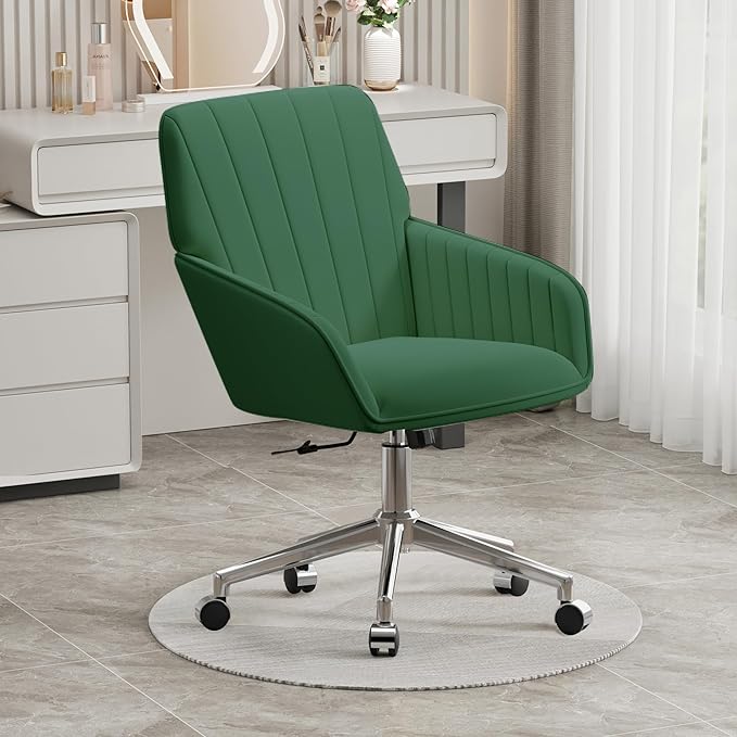 YISHENG Velvet Office Desk Chair with Silver Base, with Wheels,Modern Height Adjustable 360 Degree Swivel Upholstered Vanity Chairs with Arms for Living Room Bedroom,Green