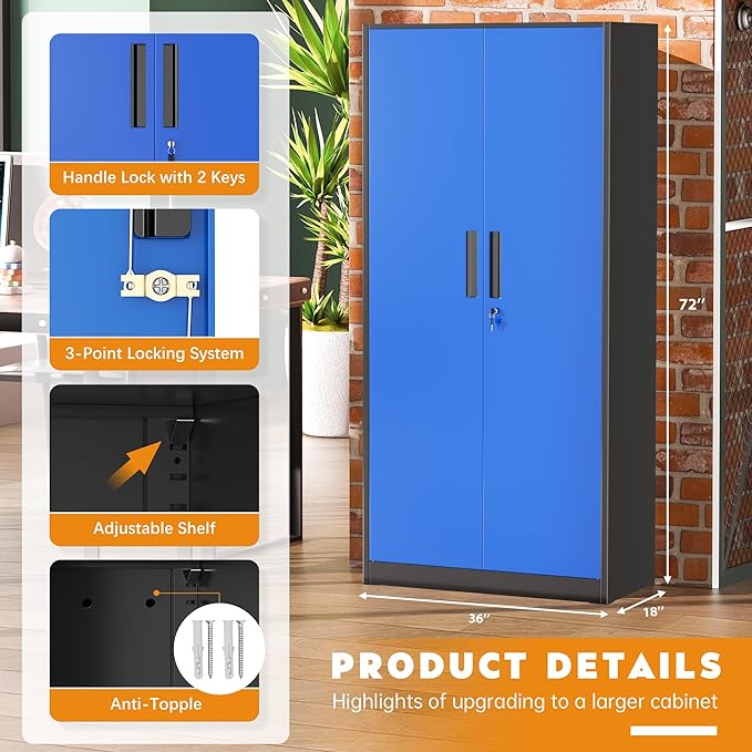 Greenvelly Metal Garage Storage Cabinet with 2 Doors and 4 Adjustable Shelves, 72" H Steel Lockable Storage Cabinet,Tall Metal Cabinet Locking File Cabinet for Office,Home, Garage, Gym, School