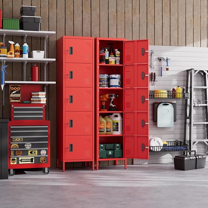 Metal Locker with Lock and Ventilation Holes,Metal Storage Locker with Business Card Slof for Home,Gym,Garage,School,Office,15.8" D x 15.8" W x 66" H Assembly Required,Red