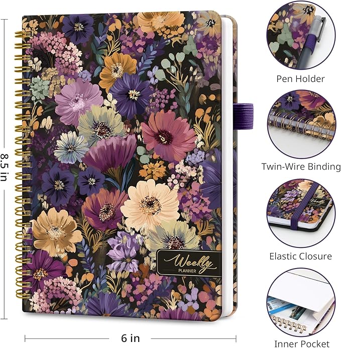 Undated Weekly Planner, Weekly To Do List Notebook with Goal & Habit Tracker Organizer, A5 Weekly Planner Notebook with Spiral Binding, 6.1" x 8.2" - Midnight Bloom
