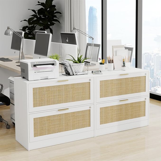 HOPUBUY 2 Drawer File Cabinet with Lock, Printer Stand Lateral Filing Cabinets for Home Office and School, Wood Rattan File Cabinet for Hanging Files/Letter/Legal/A4/F4 Size, White