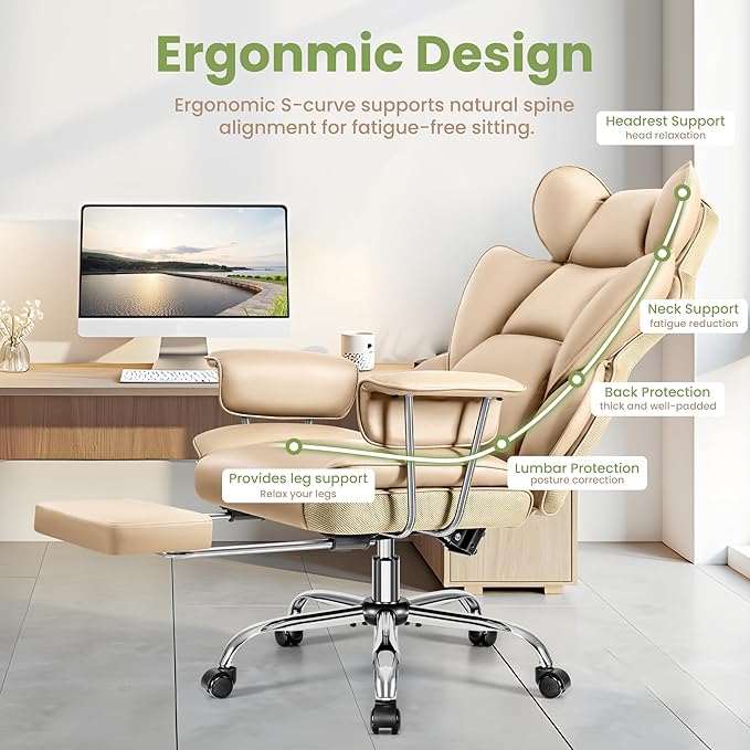 Office Desk Chair 400 LBS, Big and Tall Office Chairs with Footrest, Leather Computer Gaming Chairs with Adjustable Height, Executive Office Chairs with Lumbar Support, Beige