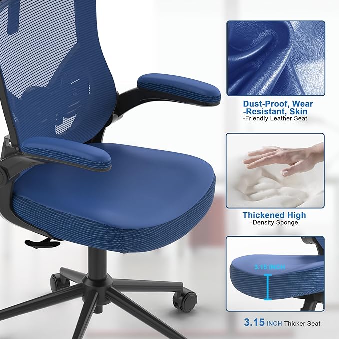 Home Office Chair, Ergonomic Comfy Desk Chair, High Back Computer Chair- Adjustable Headrest with Flip-Up Arms, Lumbar Support, Swivel Executive Task Chair (Portimao Blue, Modern)