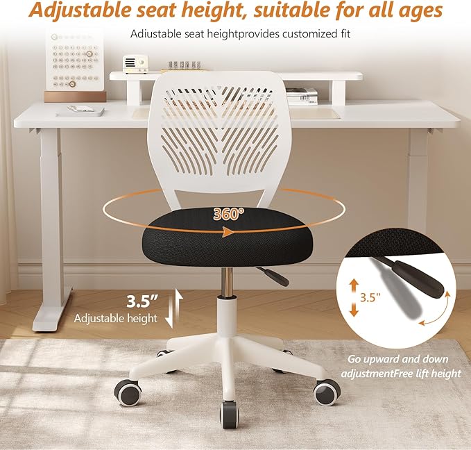 Armless Desk Chair, Height Adjustable Swivel Office Rolling Task Chairs with Soft Mesh Padded Cushion, Ergonomic Small Study Computer Chair for Girls Boys Teens (Black White, 2PCS)