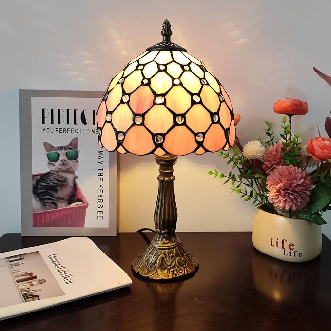 Tiffany Table Lamp 3-Way Light Handmade Bedside Lamp Small Desk Night Lamp Stained Glass Antique for Home Office Bedroom Living Room Study Room (Pink Pearls Style)