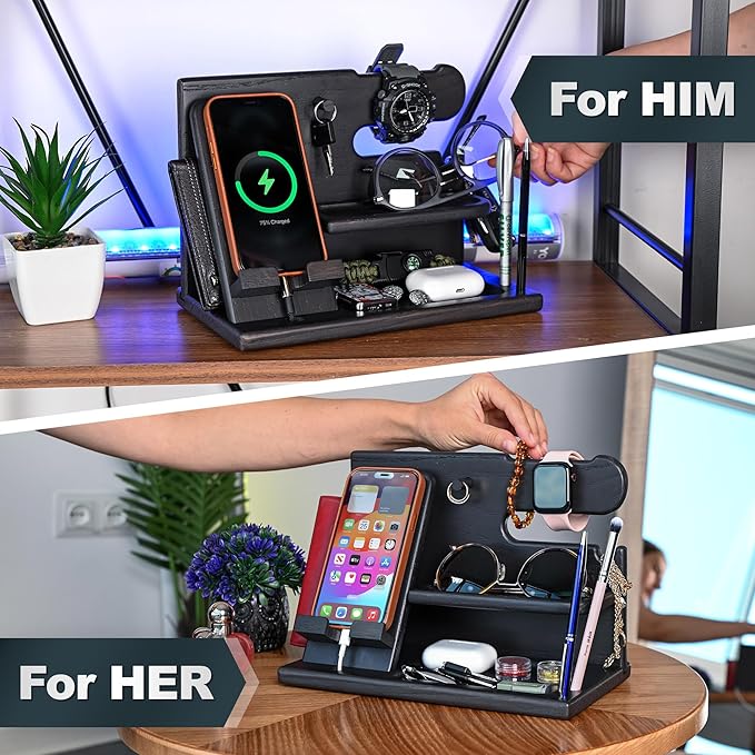 TESLYAR Wood Phone Docking Station for Men - Desk or Nightstand Organizer - Birthday Gifts for Husband or Dad - Anniversary Idea from Wife - Key Holder - Stand Wallet, Watch & Essentials (Deep Black)