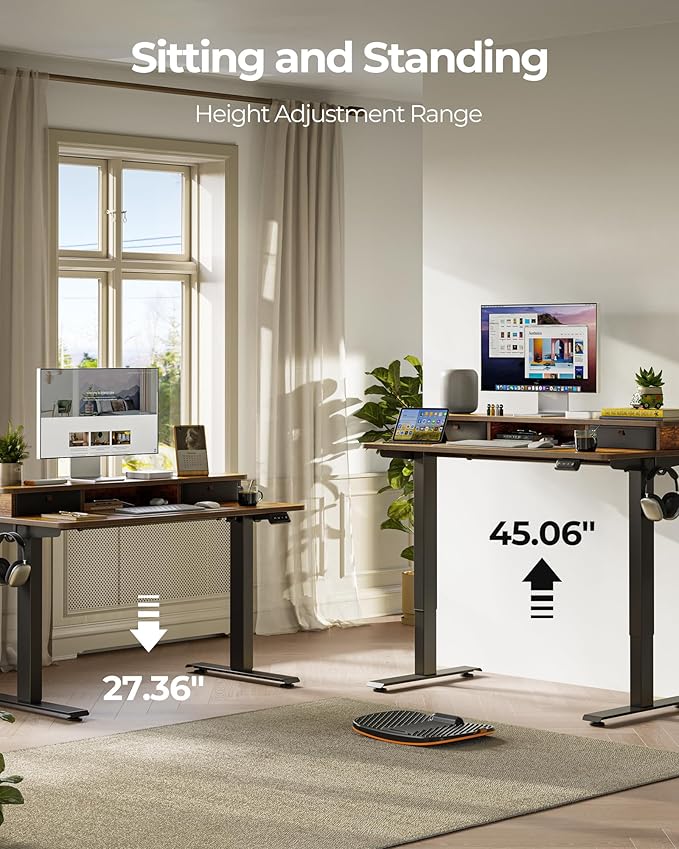 FEZIBO 60 x 24 Inch Height Adjustable Electric Standing Desk with Double Drawer,Computer Desk, Home Office Stand Up Table with 4 Height-Adjustable Feets & 2 Hooks, Rustic Brown