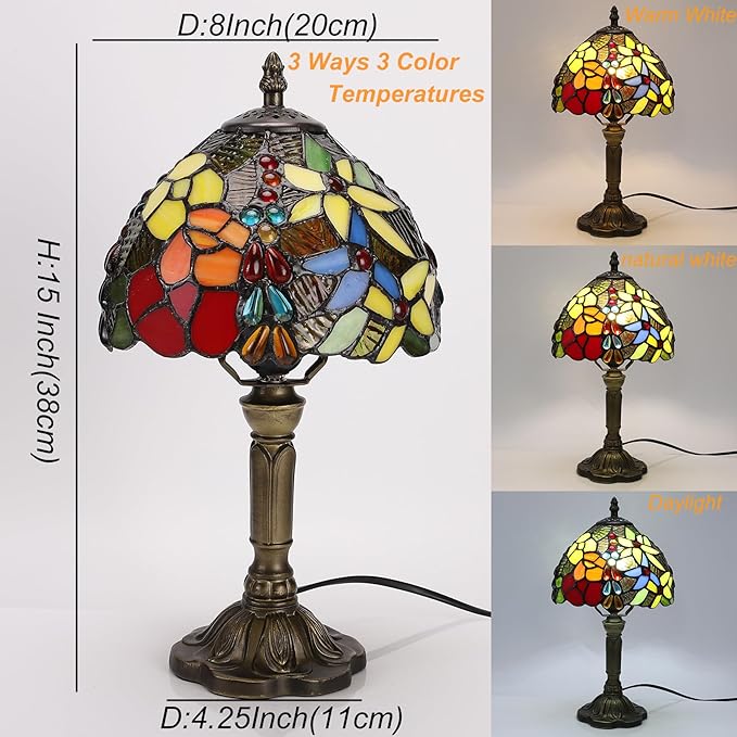 Tiffany Small Table Lamp 3 Color Temperatures Rose and Beads Stained Glass Bedside Nightstand Table Lamps for Bedroom,Living Room,Home Office Reading Desk Lamp+LED Bulb 8X8X15 Inch