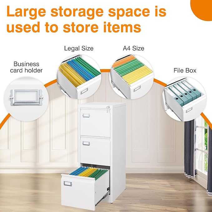Metal Vertical File Storage Cabinet, 3 Drawer File Cabinet with Lock, 18" Deep Vertical Filing Cabinets for A4 Legal/Letter Size, Assembly Required (3 Drawer - White)