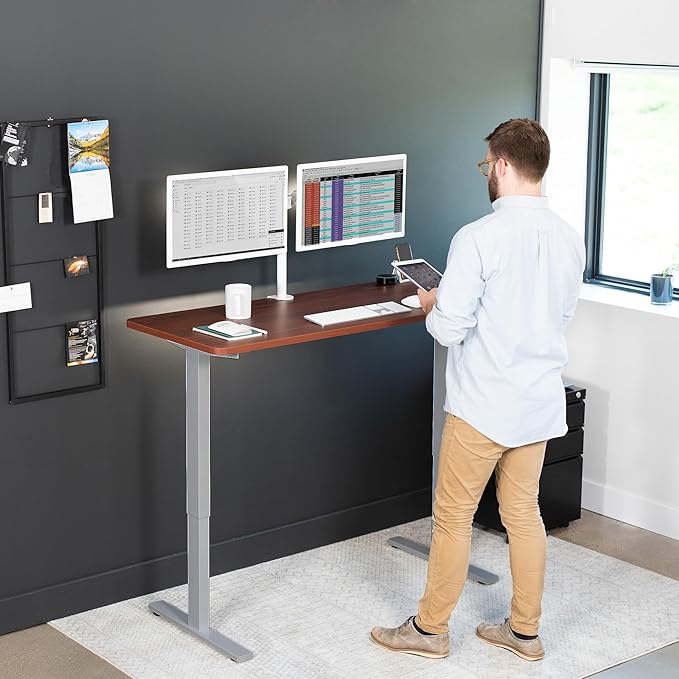 VIVO Electric 60 x 24 in Standing Desk, Memory Height Adjustment, 1B Series, One-Piece Dark Walnut Top, Gray Frame, DESK-KIT-1G6D
