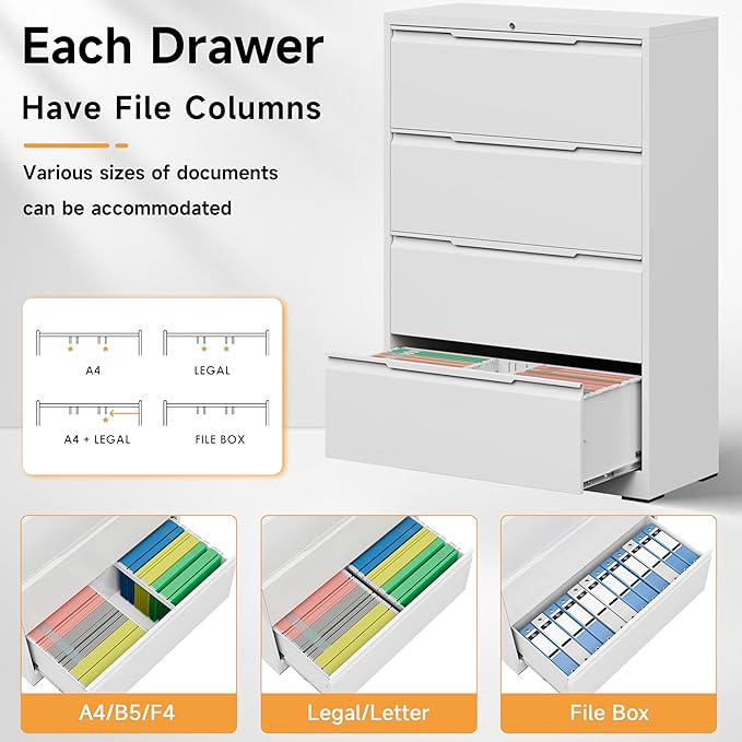 Bestoo 4-Drawer File Cabinet with Lock, Metal Filing Cabinet for Home Office, Lateral Filing Storage Cabinets, Fits File Folders, Letter/Legal/F4/A4 Sizes, Assembly Required (White)