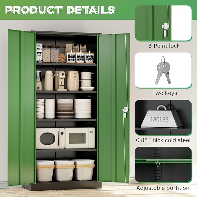 INTERGREAT Metal Storage Cabinet,72" Steel Lockable File Cabinet with Locking Doors and Adjustable Shelves,Locking Tool Cabinets for Office,Home,Garage,Gym,School (Black Green)