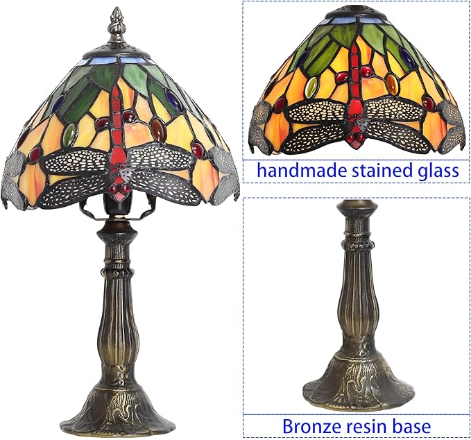 Tiffany Table lamp 8-inch Small Stained Glass lamp in a Vintage Dragonfly Pattern Style can be Used as a Decoration for The Living Room Bedside in The Bedroom or Desk