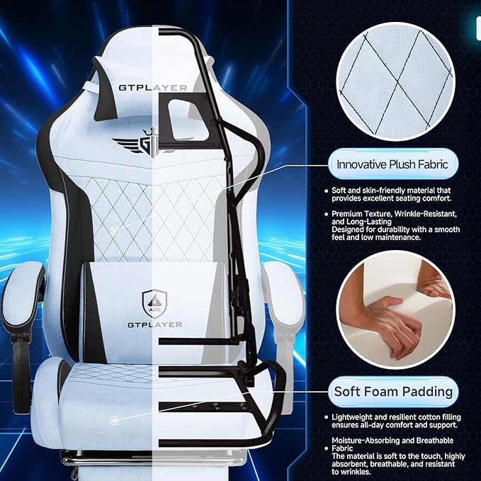 GTPLAYER Gaming Chair, Video Game Chairs with Footrest and Lumbar Support, Computer Chair for Adults with Extended Backrest, Ergonomic Reclining Silla Gamer, Velvet Fabric, Light Blue