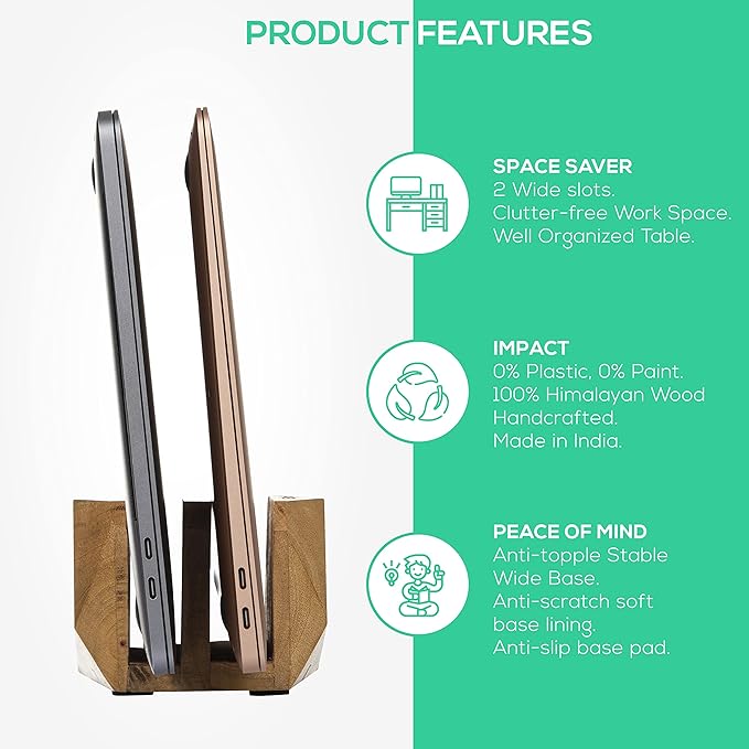 Vertical Laptop Stand for Desk, Laptop Holder to Dock MacBook, MacBook Pro and Other Laptops, Versatile Vertical Laptop Docking Solutions (Indian Mango Wood)