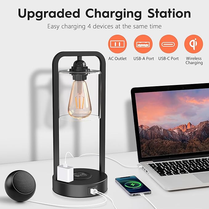Wireless Charging Table Lamp for Bedroom Set of 2, Touch Control Dimmable with Type C USB Ports & AC Outlet Bedside Nightstand Lamp, Glass Shade Industrial Desk Lamp for Home Office, Bulbs Included