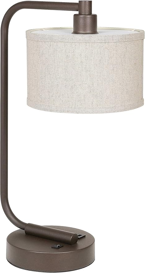 XiNBEi Lighting Table Lamp for Bedroom with USB Port, Modern Bedside Lamp with Linen Fabric Shade, Nightstand Light for Living Room Reading Office, Dark Bronze Finish XB-TL1226-DB