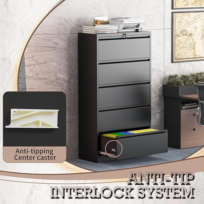 5 Drawer Lateral File Cabinet with Lock, Metal File Cabinet, Lateral File Cabinets for Home Office, Heavy Duty File Storage Cabinet for Legal/Letter/A4 Document, Assembly Required, Black