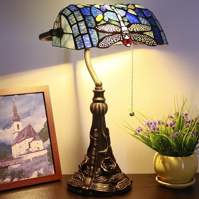 Tiffany Banker Lamp Small Stained Glass Table Lamp Tiffany Style Piano Light Blue Dragonfly Style Desk Lamp Angle Adjustable 10.6X15.7Inch for Home Office Living Room Bedroom