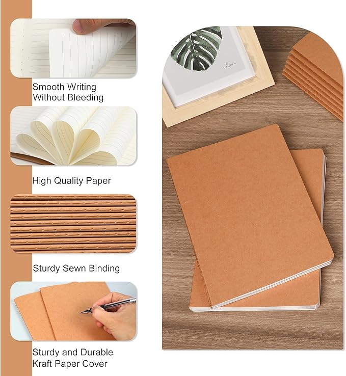 miikoul 72 Pack A5 Kraft Paper Notebook Lined Journal Bulk, 8.3 X 5.5 Inch, 60 Pages/30 Sheets, 80gsm, Travel Notebook Notepad for Adult, Students, Gift, Office, Back to School Supplies