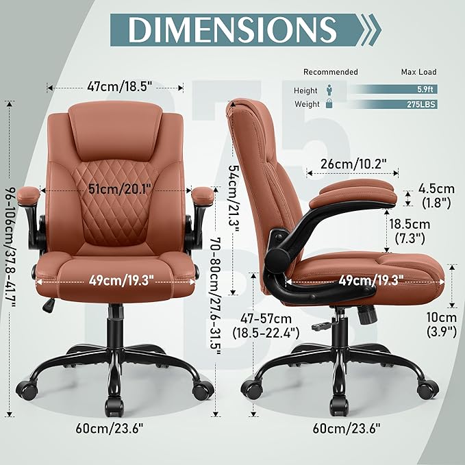 Leather Office Chair, PU Home Computer Desk Chairs with Ergonomic Back Support, 360°Swivel Free,Small Gaming Chair with Wheels and Adjustable Armrests, for Short People Use, Brown