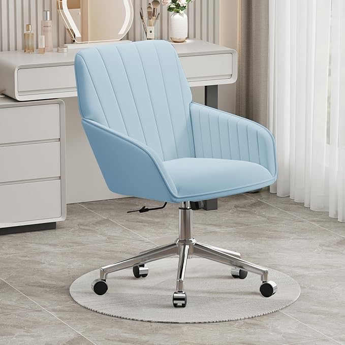 YISHENG Velvet Office Desk Chair with Silver Base, with Wheels,Modern Height Adjustable 360 Degree Swivel Upholstered Vanity Chairs with Arms for Living Room Bedroom,Light Blue