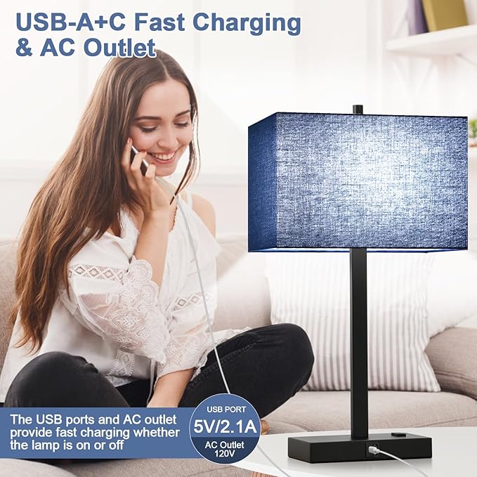 Lynnoland 21" Set of 2 Bedside lamp with USB A+C & AC Outlets, Touch Control 3-Way Dimmable Nightstand Lamps for Bedroom Living Room Office Reading, Blue Shade Touch Lamps, 5000K LED Bulbs Included