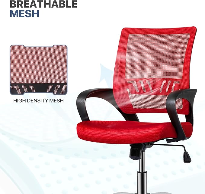MoNiBloom Mesh Office Home Chair, Mid Back Ergonomic Rolling Swivel Chair with Padded Seat and Armrest, 250 lbs Capacity, Red