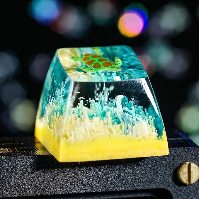Sea Turtle Artisan Keycap Light Yellow Green Coral R1 SA Profile Custom Sea Creatures Keycaps 1U ESC Handmade Gaming Resin Key Cap Cherry MX Switch Compatible Mechanical Keyboard Turtle Lover Gift