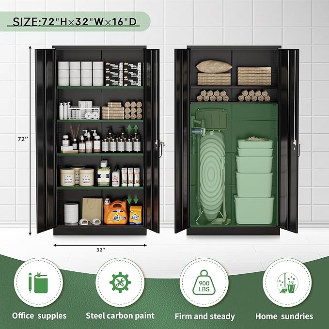 Greenvelly Metal Storage Cabinet with Lock,71" Metal Garage Cabinet with 2 Doors and 4 Adjustable Shelves,Lockable Storage Organization, Steel Tool Cabinets for Office,Home,Garage,Gym,School (Black)