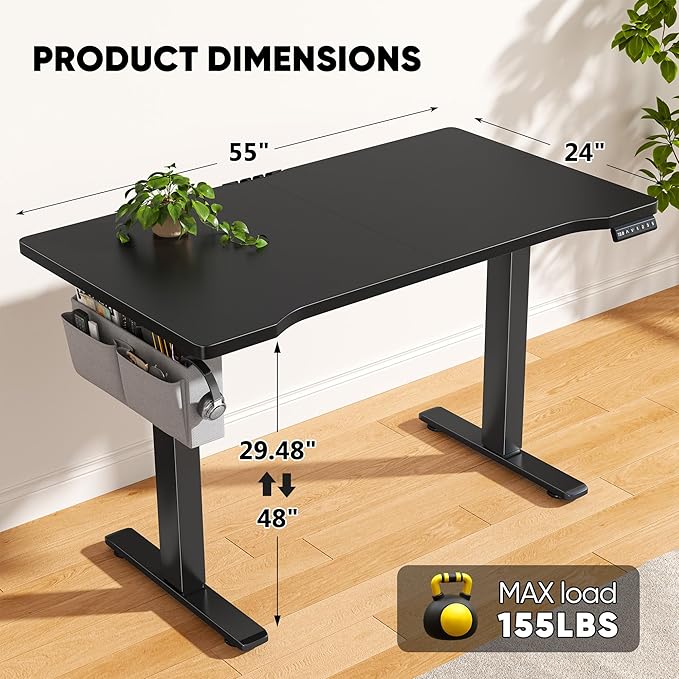 EnHomee 55 x 24 Inches Electric Standing Desk with Light Strip, Stand up Desk with Memory Preset, Height Adjustable Desks for Work Home Office, Computer Desks with Detachable Side Mount Pocket, Black