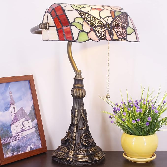 Tiffany Banker Lamp Small Stained Glass Table Lamp Tiffany Style Piano Light Desk Lamp Angle Adjustable 10.6X15.7 Inch for Home Office Living Room Bedroom (Butterfly in Flower Style)