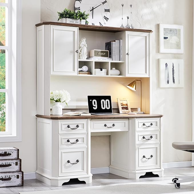 T4TREAM 59" Home Office Desk Hutch with Ample Storage, Only Match VSC Series Farmhouse Desk (Antique White)