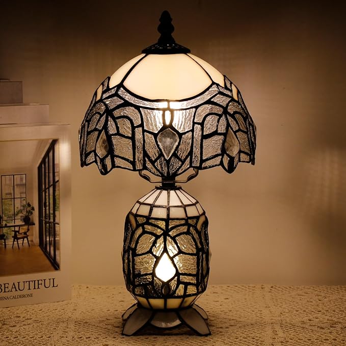 Small Tiffany Lamp Stained Glass Table Lamp Mini Mother Daughter Vase Desk Accent Light for Bedroom Bedside Reading Home Antique Style Decor 8X14 Inches (White)