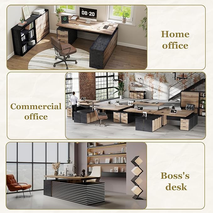 78.74IN Adjustable Heigh L Shaped Executive Desk with Drawers, Modern Executive Standing Home Office Desk w/Universal Charging Ports, Large Business Workstation w/Cord Management,Black and Warm Oak