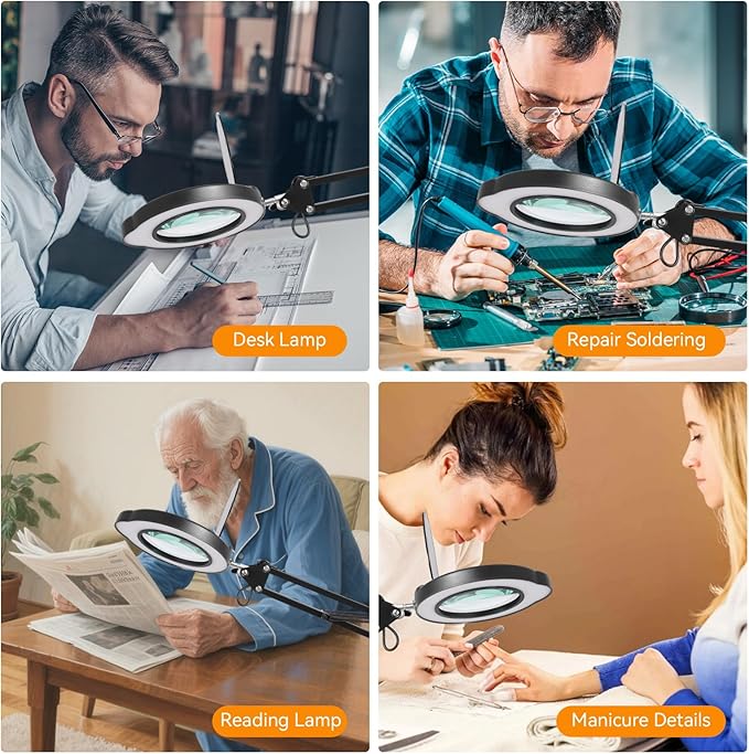 Ultra Long 12X Magnifying Glass with Light and Stand|Magnifying Lamp with 3-Section Swing Arm,5 Color Modes LED Lighted Magnifier Lamp for Workbench/Craf