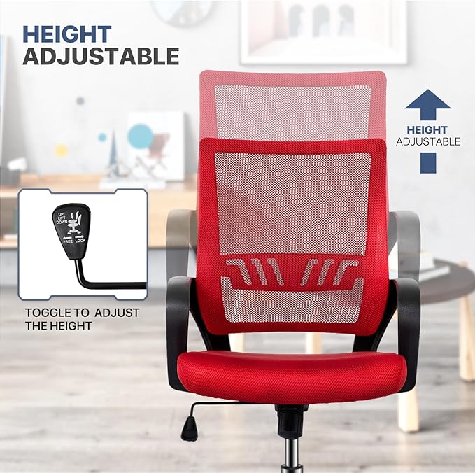 MoNiBloom Mesh Office Home Chair, Mid Back Ergonomic Rolling Swivel Chair with Padded Seat and Armrest, 250 lbs Capacity, Red